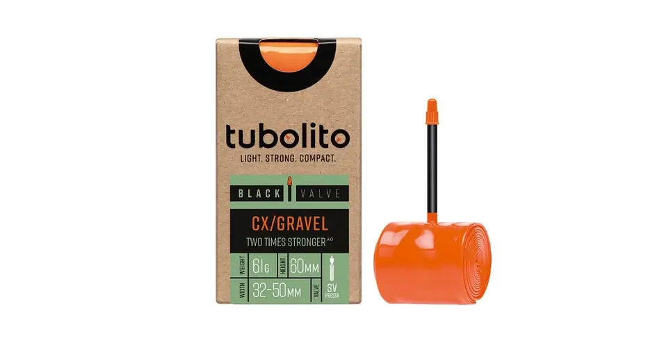 Nézd meg most Tubolito 700/650B x 32/50C (32/50-584/622), 27,5 és 28 colos CX / Gravel belső gumi, FV60 (60 mm hosszú presta szeleppel), fekete szelepszár, 61g, narancssárga gumi