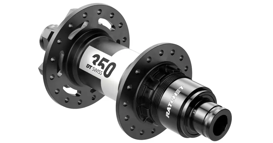 Végkiárusítás DT Swiss 350 hátsó kerékagy, 28H, tárcsafékes (6 csavaros), átütőtengelyes (12x142 mm), SRAM XD kazettával, 263g, fekete